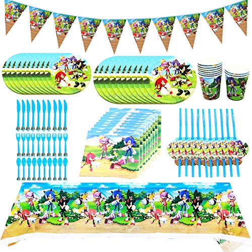 Sonic The Hedgehog Party Supplies Juego de Decoración, FANDE 92 Piezas Suministros de Fiesta Sonic para Cumpleaños de Niños Cartoon Anime Theme Artículos para Fiesta de Cumpleaños