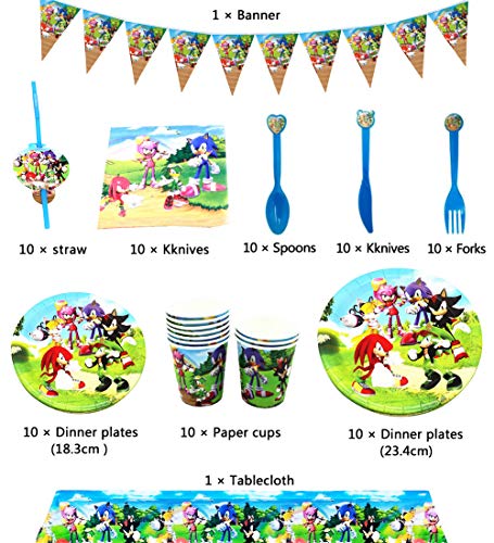 Sonic The Hedgehog Party Supplies Juego de Decoración, FANDE 92 Piezas Suministros de Fiesta Sonic para Cumpleaños de Niños Cartoon Anime Theme Artículos para Fiesta de Cumpleaños