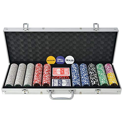 SOULONG Juego de póquer con 500 fichas, 500 chips, 2 barajas de cartas y 5 dados, 1 dealer button, con maletín de aluminio