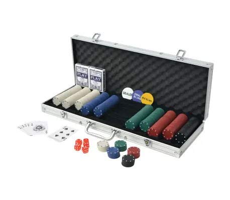 SOULONG Juego de póquer con 500 fichas, 500 chips, 2 barajas de cartas y 5 dados, 1 dealer button, con maletín de aluminio