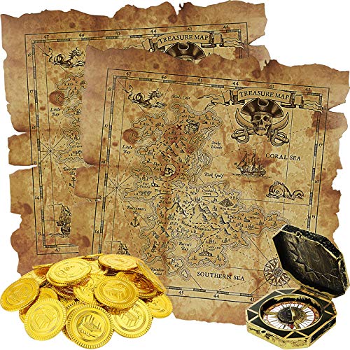 Sumind 64 Piezas Juguetes de Tema de Piratas, Incluye 60 Monedas Falsas de Oro de Piratas, 2 Mapas de Tesoro y 2 Brújulas de Pirata para Juguete de Caza de Tesoro Fiesta de Cumpleaños