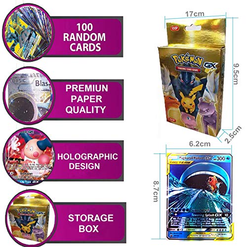 SunAurora 100 Piezas Pokemon Cartas, Tarjetas de Pokemon,Pokemon Tarjetas GX,Mejor Regalo Infantil