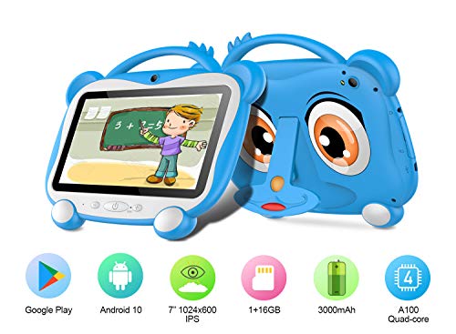 Tablet Para Niños 7 Pulgadas Tablet Infantil Android 10.0 Quad-Core Processor, 16GB ROM 128GB Expansión, HD Pantalla1024*600 Doble Camera(0.3MP+2MP)Wifi,GPS,Certificación Google,Juegos Educativos-Azul