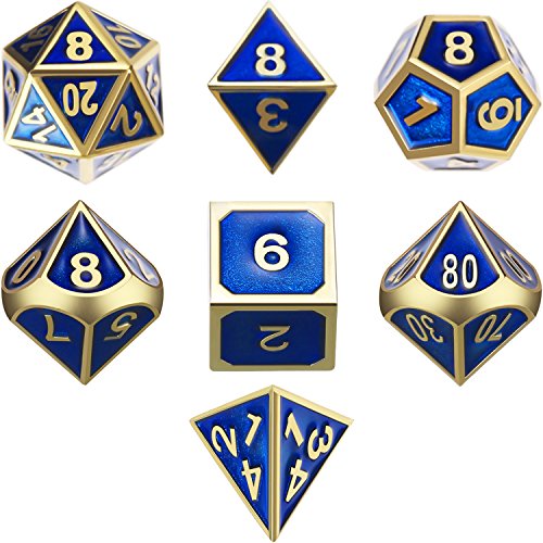 TecUnite Juego de Dados 7-Die Poliédricos de Metal Conjunto de Dados de Juego de rol DND con Bolsa de Almacenaje para RPG Dungeons y Dragons D&D Enseñanza de Matemáticas (Dorado Brillante y Azul)
