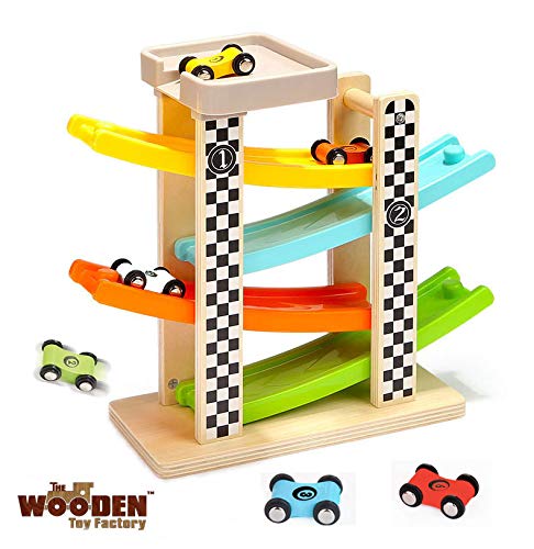 The Wooden Toy Factory - Circuito de Coches de Carreras Click Clack Racing Track con *6* Coches - Incluye Aparcamiento - No Requiere Montaje
