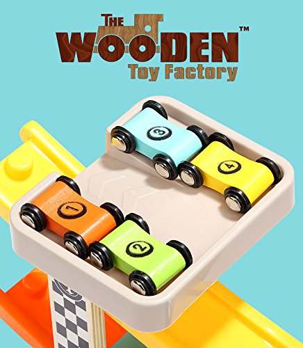 The Wooden Toy Factory - Circuito de Coches de Carreras Click Clack Racing Track con *6* Coches - Incluye Aparcamiento - No Requiere Montaje