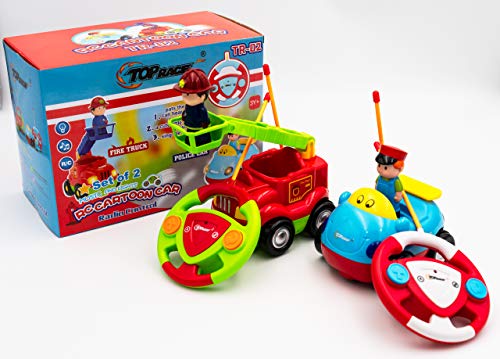 Top Race RC Cartoon Cars Toy, mi Primer Juego de Control Remoto de 2 Bomberos y carros de policía, canción Musical y luz con 2 transmisores; Diferentes Frecuencias: jueguen Juntos,