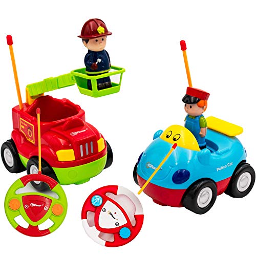 Top Race RC Cartoon Cars Toy, mi Primer Juego de Control Remoto de 2 Bomberos y carros de policía, canción Musical y luz con 2 transmisores; Diferentes Frecuencias: jueguen Juntos,