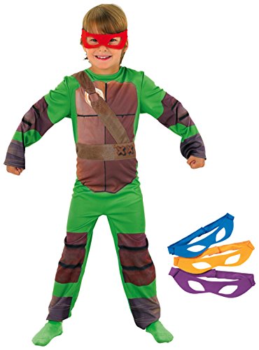 Tortugas Ninja - Disfraz de Tortuga Ninja con 4 antifaces para niño, infantil 8-10 años (Rubie's 886811-L)