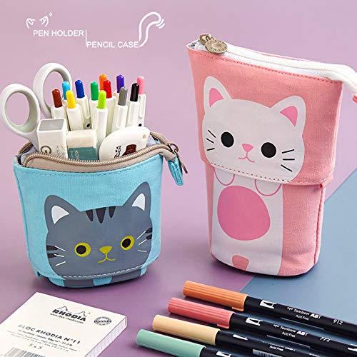 TOYESS Soporte para lápices, telescópico, diseño de gato con dibujos animados, estuche de lona duradero, bolsa de maquillaje para niños, niñas, estudiantes y suministros de oficina, color rosa
