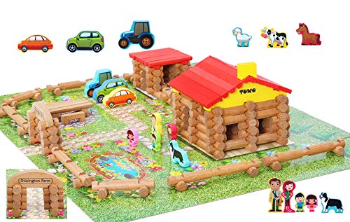 Toys of Wood Oxford TOWO Granja Juguete con Animales- Granja de Juguete de construcciones de Madera con Animales y Tractor - Casa de Campo de Madera, Juegos de construcción para niños de 3 años