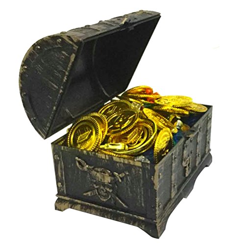 Toyvian Mini Cofre del Tesoro Pirata con 100 Monedas de Oro, 100 Gemas de Diamantes, 2 Pendiente, 2 Anillos