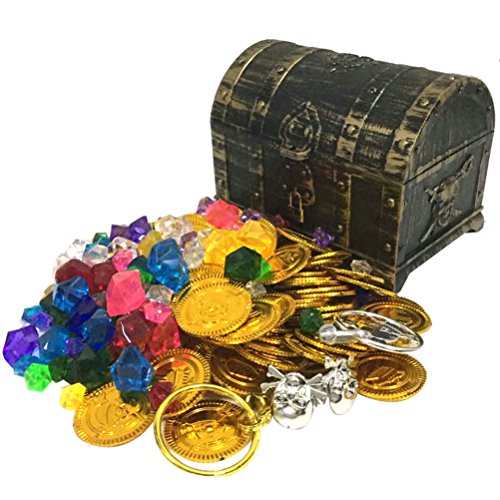 Toyvian Mini Cofre del Tesoro Pirata con 100 Monedas de Oro, 100 Gemas de Diamantes, 2 Pendiente, 2 Anillos