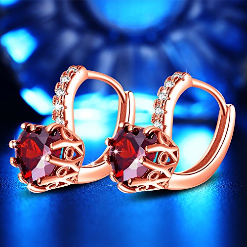 Uloveido Rose Gold Plated Red Cubic Zriconia Crystal Love Heart Lever Back Earrings Simulado Ruby Birthstone Earrings HE515- Rojo