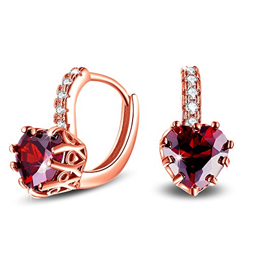 Uloveido Rose Gold Plated Red Cubic Zriconia Crystal Love Heart Lever Back Earrings Simulado Ruby Birthstone Earrings HE515- Rojo
