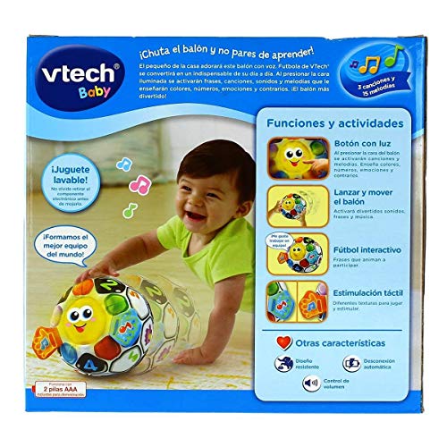 VTech-80-509122, Pelota fútbol bebé Blanda interactiva con más de 45 melodías, Sonidos, Canciones y Frases, favorece la estimulación Sensoria, Multicolor (3480-509122)