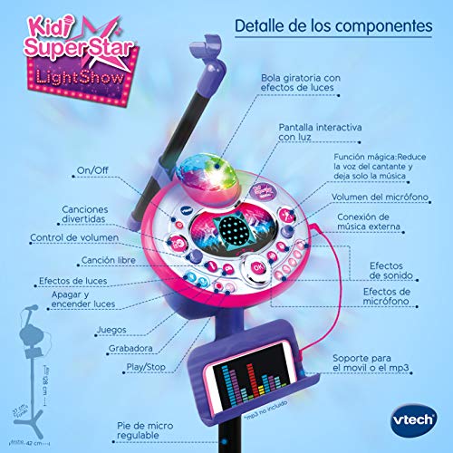 VTech - Kidi SuperStar LightShow, Karaoke electrónico interactivo, conexión para MP3, efectos de luces, voces, grabadora, altavoz incorporado, juegos, sonidos de aplausos y ovaciones, Rosa (80-165822)