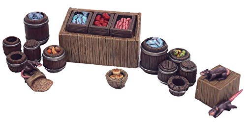 War World Gaming Fantasy Village - Puesto de Mercado y barriles - 28mm Wargaming Medieval Miniaturas Maquetas Dioramas Edificios Wargames Guerra Aldea Edad Media