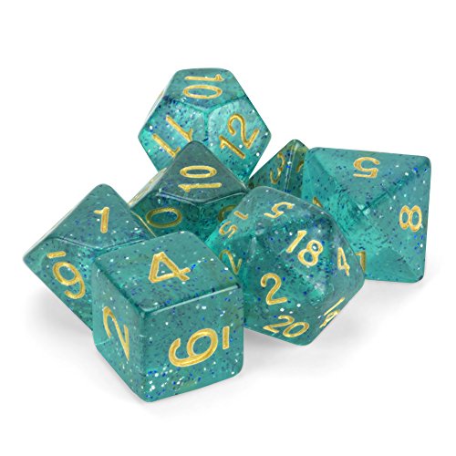 Wiz Dice Celestial Sea - Juego de 7 dados poliedros translúcidos, azul turquesa y plata con purpurina para mesa con caja de exhibición transparente