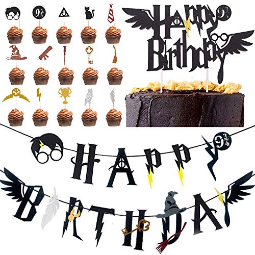 Wizard Inspired Cupcake Toppers BETOY 17PCS Harry Potter Inspired Cupcake Toppers cumpleaños Decoracion de Fiesta Mago Estandarte de cumpleaños