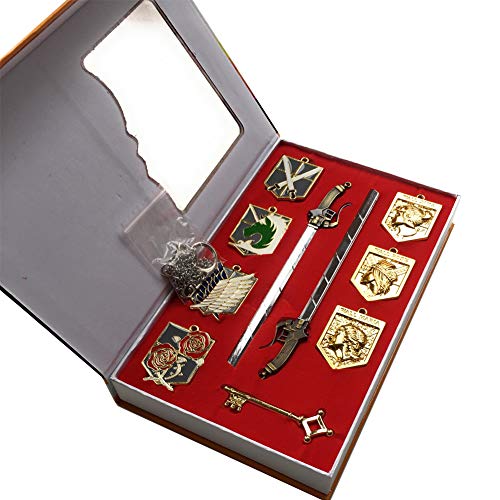 10 piezas Attack on Titan Shingeki No Kyojin Wall Maria Rose Sina Gold Badge Dual Gun Sword Blade Pendant Charm Collar Eren's Key Keychain Cosplay Accessory Jewelry Set en una caja de colección