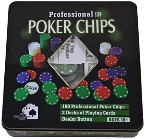 100 unids / Set Casino Poker Chips Kit Texas Poker Chips con Caja y 100 fichas de póquer y 2 fichas de Juego de póquer de plástico 1/5/10/25 Cuatro Tokens del Juego