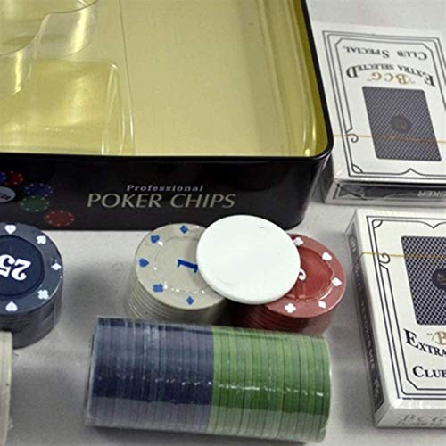 100 unids / Set Casino Poker Chips Kit Texas Poker Chips con Caja y 100 fichas de póquer y 2 fichas de Juego de póquer de plástico 1/5/10/25 Cuatro Tokens del Juego