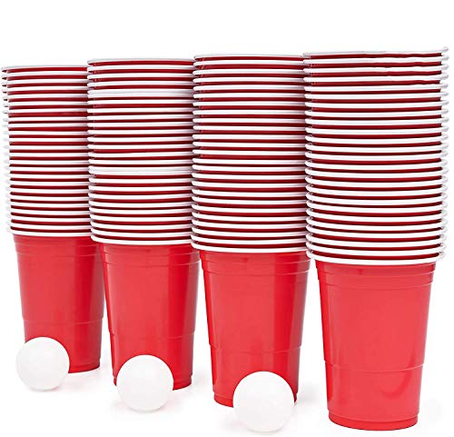 115 Piezas Juego de Beer Pong| 100 Vasos de Plástico Rojo, 15 Bolas| Resistente y No Tóxico| Juego de Beber Clásico para Adultos| Fiestas Cumpleaños Bodas Navidad Año Nuevo.