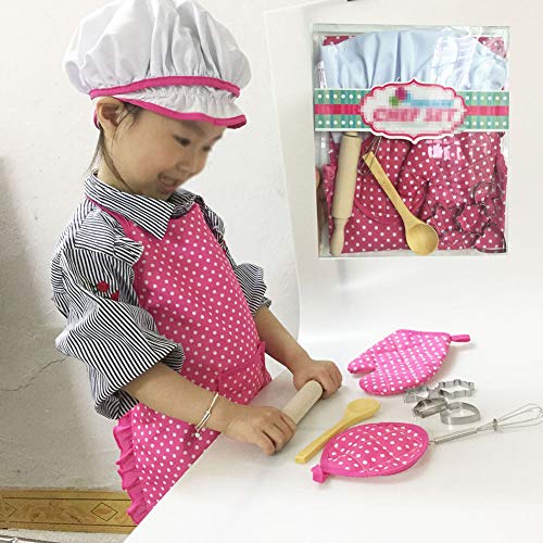 11pcs / pack chef de cocina Conjunto de niños Juegos de rol traje del cocinero con el delantal del cocinero Sombrero Utensilios de Cocina Mitt (rosa)