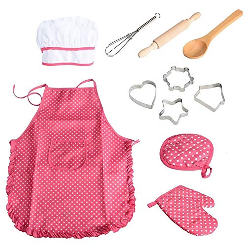 11pcs / pack chef de cocina Conjunto de niños Juegos de rol traje del cocinero con el delantal del cocinero Sombrero Utensilios de Cocina Mitt (rosa)