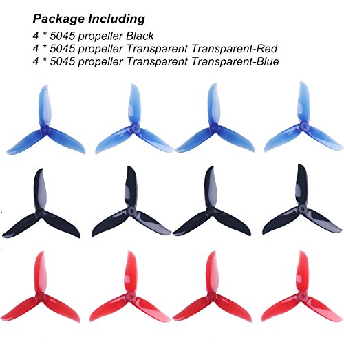 12pcs 5045 hélices de 3 láminas 5 Pulgadas Tri Blade Props para 2204 2205 2206-2306 Motores sin escobillas FPV Racing Drone Quadcopter (Transparente-Rojo, Negro, Azul-Transparente)