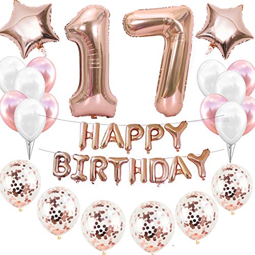 17. Juego de decoración de cumpleaños para niña, color oro rosa, 17 años, 17 años, decoración de oro rosa para niñas