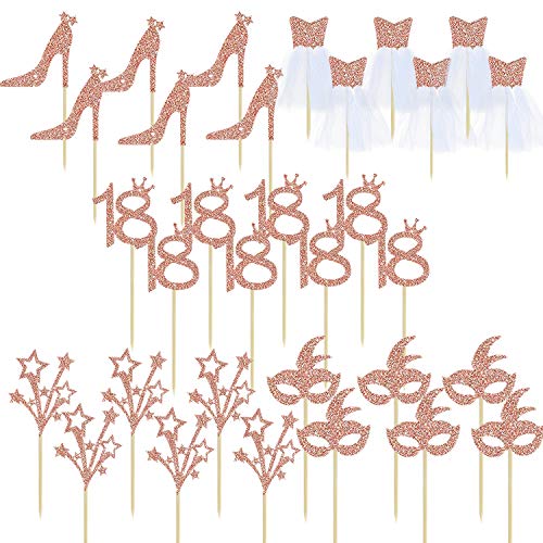 32 piezas de decoración de fiesta de cumpleaños con purpurina de oro rosa con figura 18 máscara tacón alto estrellas vestido de tul 3D decoración para cupcakes para dieciocho fiestas de cumpleaños