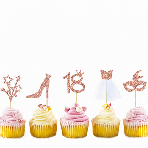 32 piezas de decoración de fiesta de cumpleaños con purpurina de oro rosa con figura 18 máscara tacón alto estrellas vestido de tul 3D decoración para cupcakes para dieciocho fiestas de cumpleaños