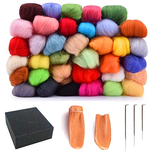 40 Color Felting Wool Roving Needle Felting Kits Beginners 3g Per Color Individually Packaged With 3 Needles, 2 Leather Guards, Foam Mat (120g)