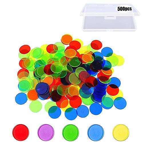 500 piezas Fichas de bingo, fichas de plástico que cuentan fichas de colores, marcadores transparentes de juegos matemáticos, contadores y juguetes matemáticos con una caja de almacenamiento (19 mm)