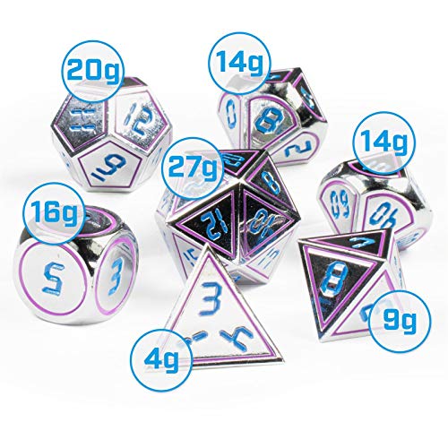 7 Dados de Metal poliedricos para Juegos de rol y Mesa en óptica Digital D2, Incluye Caja de Almacenamiento