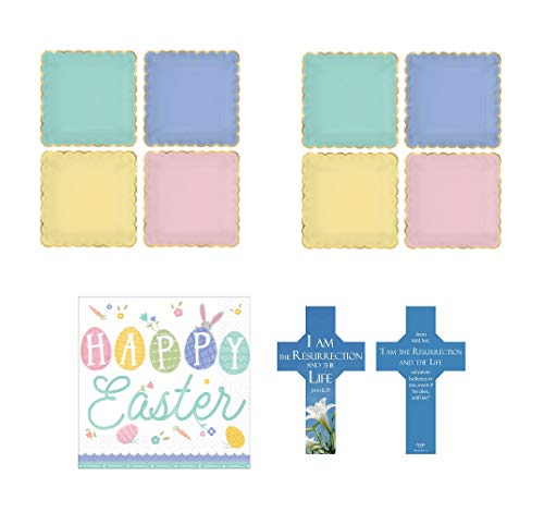 8 platos de papel cuadrados de primavera, 16 servilletas de Pascua y un marcapáginas de resurrección