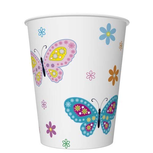 8 vasos de cartón con flores y mariposas como decoración de mesa para fiestas en el jardín, cumpleaños o picnic, diámetro 5,5 – 8 cm x 9,2 cm