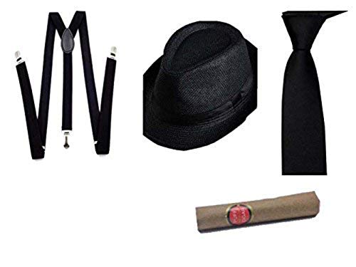 Al Capone Mafia Gangster Gorra + Lazo + Tirantes + cigarro - 20s Disfraz para Mujer y Hombre Carnaval (Negro 2)