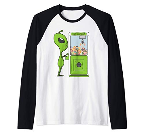 Alien Catching Humans Divertido juego de grúa garra UFO Camiseta Manga Raglan