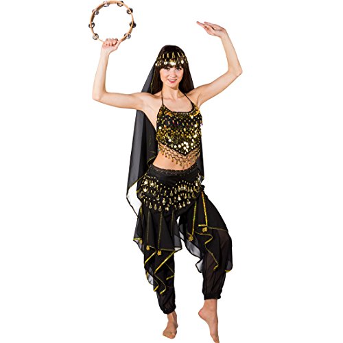 Amakando Disfraz de Mil y Una Noches - Negro | Traje de Bailarina de Danza del Vientre | Disfraz Jeannie | Traje de Baile Oriental