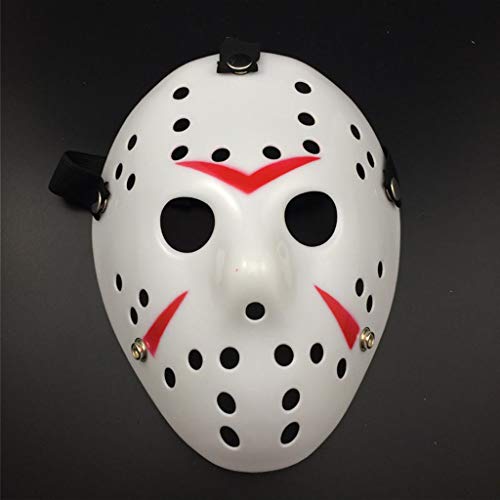 Amycute Halloween Máscara de Jason de Blanco y Rojo, Cosplay Disfraz Viernes 13 Máscara de Mascarada de Halloween para Niños, Adultos (Plástico Duro)