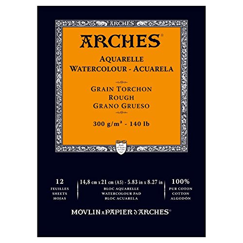 Arches - Papel de acuarela, bloc 12 hojas engomado 1 lado, grano grueso, 300 g/m², A5
