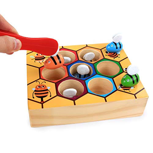 Atrumly Abeja de madera Hive juego de coincidencia, colorido juego de madera de abeja colmena juego juego de clasificación de colores juguete educación temprana regalo para niños