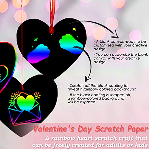 Aviski Scratch Art para Niños 48 Pcs, Arte con Arcoíris en Forma de Corazón, Arte para Rascar con Lápices y Cintas de Madera para Niños, Artes Decorativas y Manualidades, Boda del Día de San Valentín