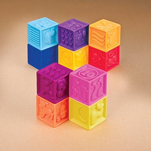 Battat B. toys – One Two Squeeze Blocks – Bloques de construcción para niños – Juguetes educativos para bebés de 6 meses en adelante, con números, formas, animales y texturas – 10 bloques suaves apilables (BX1002Z)