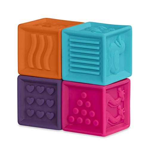 Battat B. toys – One Two Squeeze Blocks – Bloques de construcción para niños – Juguetes educativos para bebés de 6 meses en adelante, con números, formas, animales y texturas – 10 bloques suaves apilables (BX1002Z)