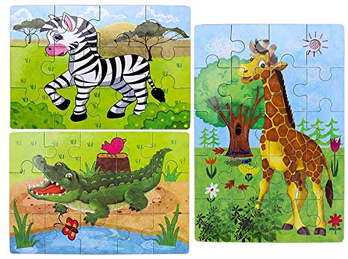 BBLIKE Jigsaw Wooden Puzzles Toy in a Box for Kids, Pack of 4 with Varying Degree of Difficulty Educational Learning Tool Best Birthday Present for Boys Girls (Cebra Jirafa Canguro)