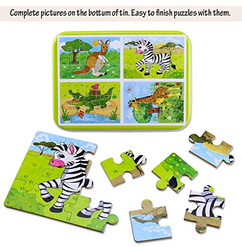 BBLIKE Jigsaw Wooden Puzzles Toy in a Box for Kids, Pack of 4 with Varying Degree of Difficulty Educational Learning Tool Best Birthday Present for Boys Girls (Cebra Jirafa Canguro)